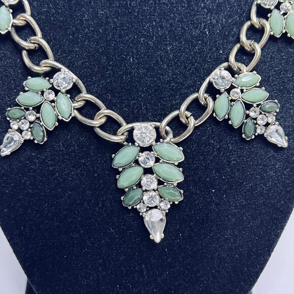 Gold Tone, Faceted Two Tone Green And Clear Rhinestone Statement Necklace (5554) - Picture 4 of 6